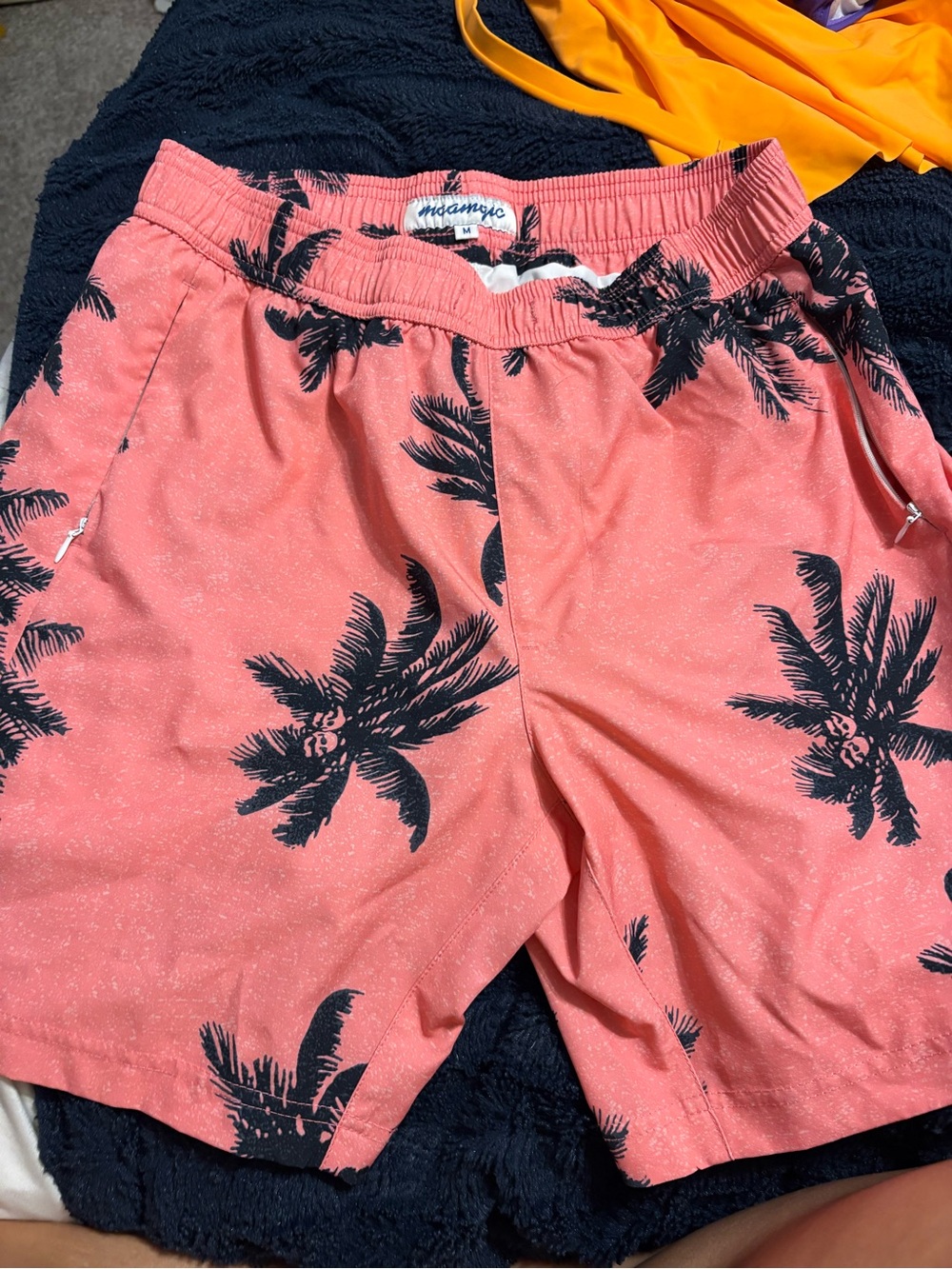 Men's Coral Palm-Print Swim Trunks with Elastic Waist
